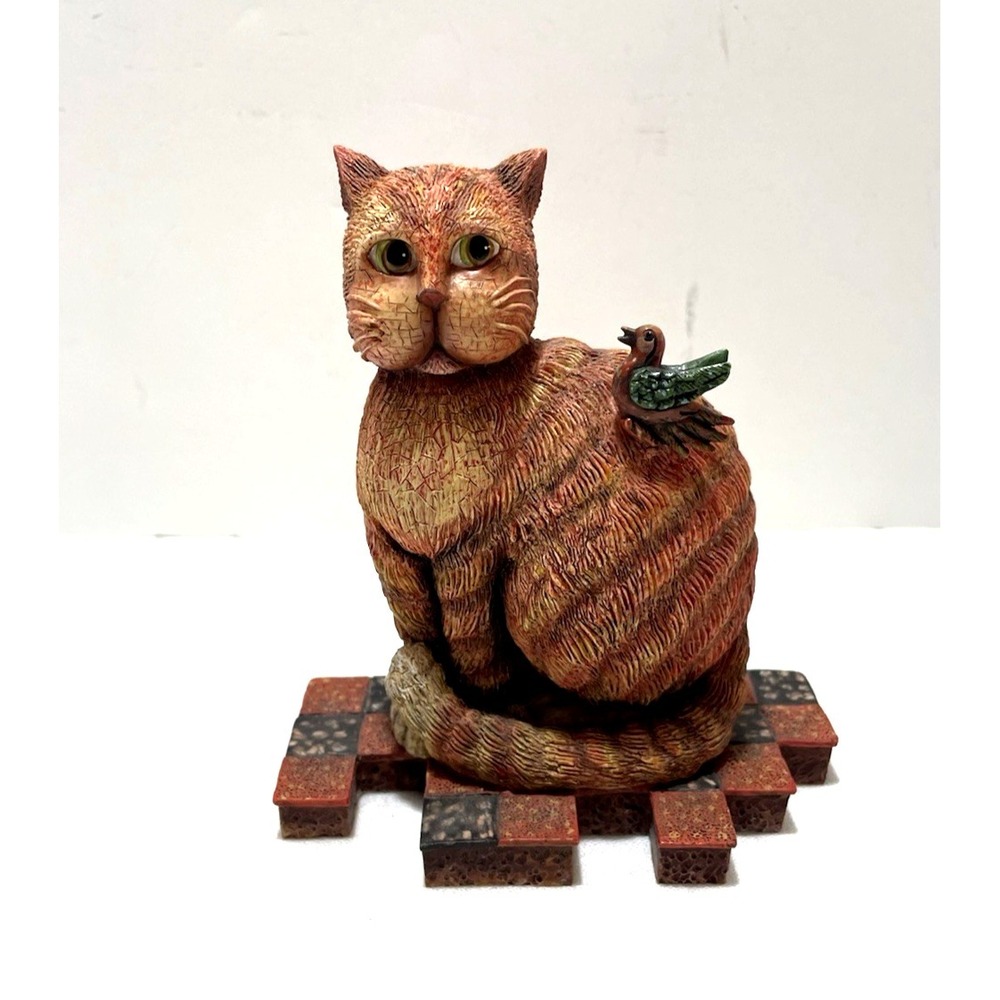 Lang & Wise Have Peace Orange Cat Figurine w/‎ Bird on His Back 1999 Folk Art